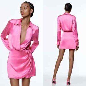 Zara Short Satin Long Sleeve Mini Dress Neon Pink L - NWT